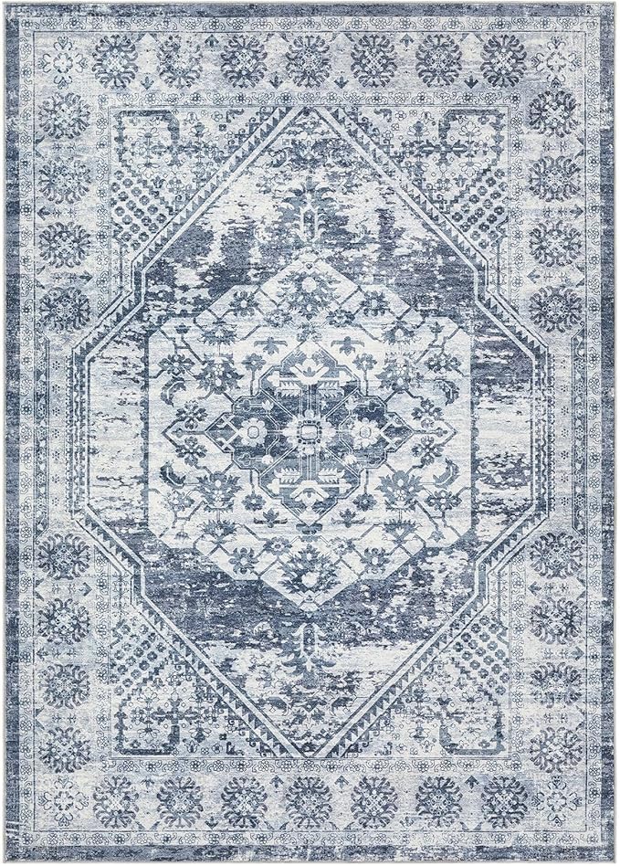 Vintage Living Room Area Rug 6x9 - Large Soft Washable Oriental Traditional Distressed Farmhouse Rugs for Bedroom - Indoor Floor Accent Carpet for Home Office House Decor - Distressed Blue