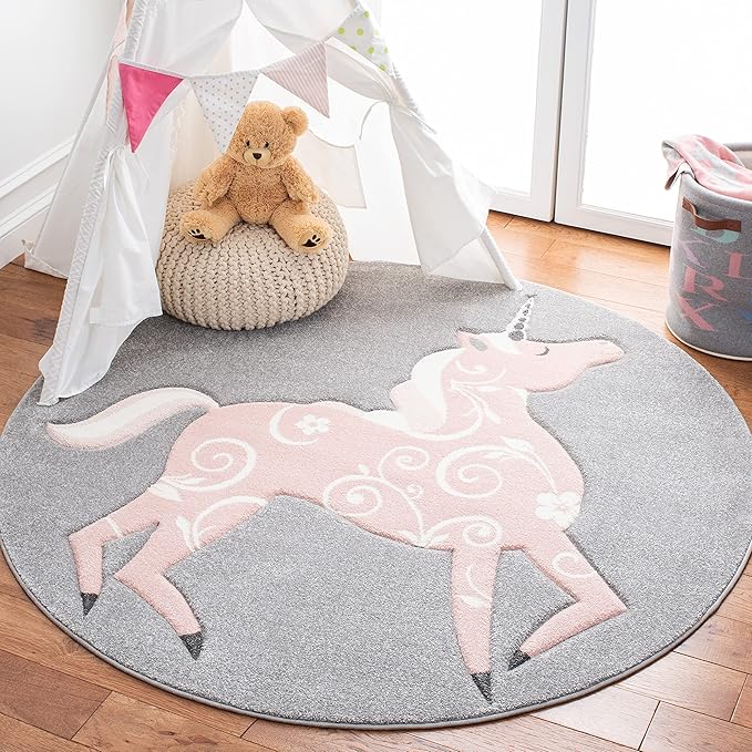 SAFAVIEH Carousel Kids Collection 3' Round Grey/Pink CRK163F Unicorn Non-Shedding Playroom Nursery Bedroom Area Rug