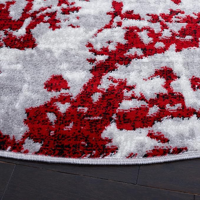 SAFAVIEH Skyler Collection 6'7" Round Grey/Red SKY186Q Modern Abstract Non-Shedding Entryway Foyer Living Room Bedroom Kitchen Area Rug