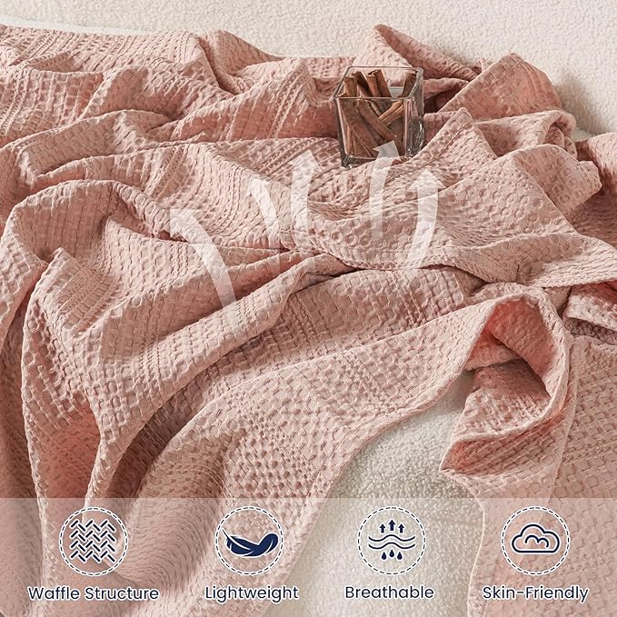 PHF Lightweight Waffle Weave Throw Blanket 50"x 60", Soft Woven Summer Blanket for Hot Sleepers - Aesthetic Home Decor for Couch Bed Sofa, Pet Friendly, Rose Pink