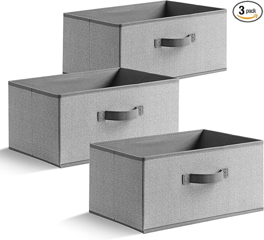 15.7 Inch Storage Baskets, Woven Fabric Bins, Storage Cubes with Reinforced Handles, Organizer Bins for Closet Shelves, Foldable, for Clothes (Gray, 3PCS/15.7*11*7.8inch)
