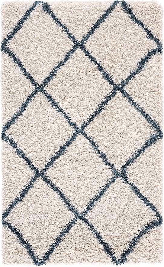 SAFAVIEH Hudson Shag Collection Accent Rug - 3' x 5', Ivory & Slate Blue, Trellis Design, Non-Shedding & Easy Care, 2-inch Thick Ideal for High Traffic Areas in Foyer, Living Room, Bedroom (SGH281T)