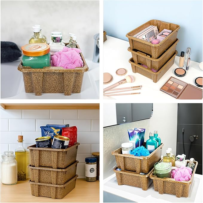 Best Kept Cupboard Organizers And Storage | Plastic Tray Wood-Like Texture| Bathroom Essentials | Skincare Organizer | Facial Care Product Storage Bin | Stackables Dark Brown 3-Piece Organizer Set