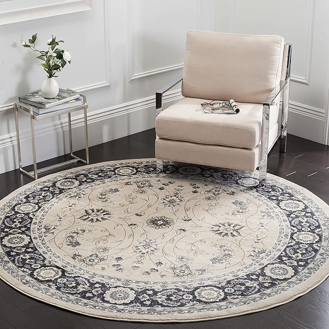 SAFAVIEH Lyndhurst Collection 7' Round Light Beige / Anthracite LNH340K Traditional Oriental Non-Shedding Dining Room Entryway Foyer Living Room Bedroom Area Rug