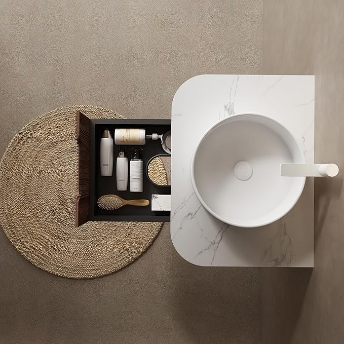KEIKI 24" Bathroom Vanity Cabinet with Sink Combo, Wall Mounted Curved Edges Striped Floating Bathroom Vanity with Soft-Close Drawer, White Round Ceramic Basin Without Faucet, Dark Walnut
