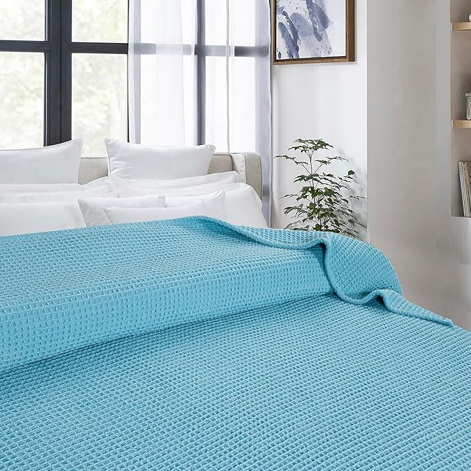 Bed & Bath Home Premium 100% Cotton Waffle Weave Blanket Twin Size – Soft Breathable Lightweight Comfort, Natural All-Season Bed Blanket, Easy-Care Bedspread for Bed & Couch (Blue)