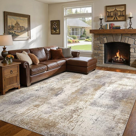 Area Rug Living Room Rugs - 7x9 Washable Large Soft Indoor Neutral Modern Abstract Low Pile Rug Carpet for Bedroom Dining Room Farmhouse Home Office - Brown Grey