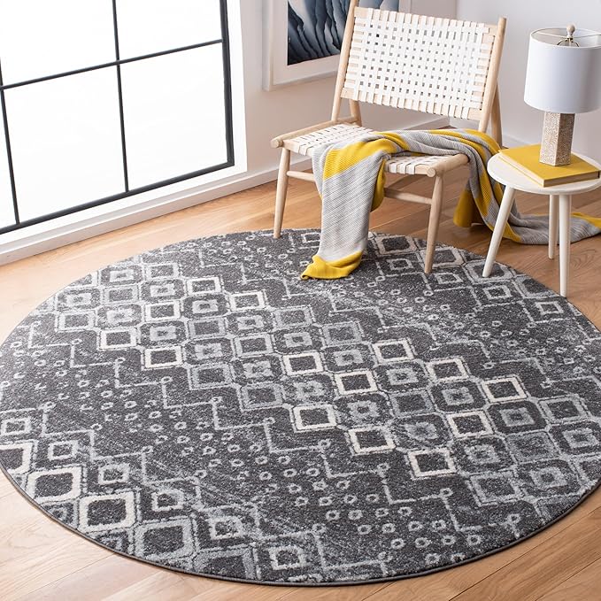 SAFAVIEH Amsterdam Collection Area Rug - 8' Round, Dark Grey & Light Grey, Non- Shedding & Easy to Clean, Ideal for Living Room, Bedroom, Dining Space (AMS108J)