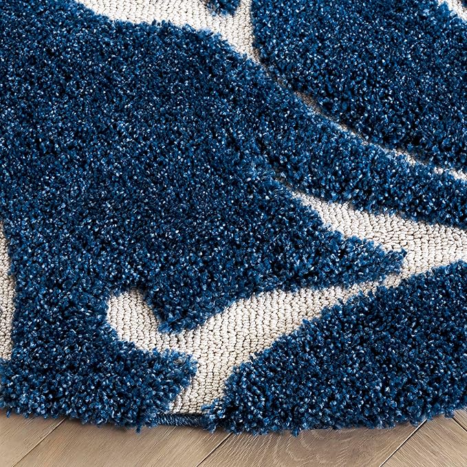 SAFAVIEH Florida Shag Collection Area Rug - 8' Round, Dark Blue & Cream, Scroll Design, Non-Shedding & Easy to Clean, High-Low Plush Pile, Ideal for Living Room, Bedroom, Dining Space (SG455-6511)