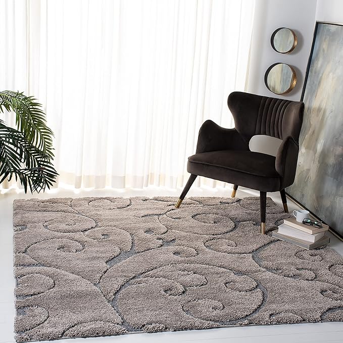 SAFAVIEH Florida Shag Collection Area Rug - 9' Square, Grey & Light Blue, Scroll Design, Non-Shedding & Easy to Clean, High-Low Plush Pile, Ideal for Living Room, Bedroom, Dining Space (SG455-1160)