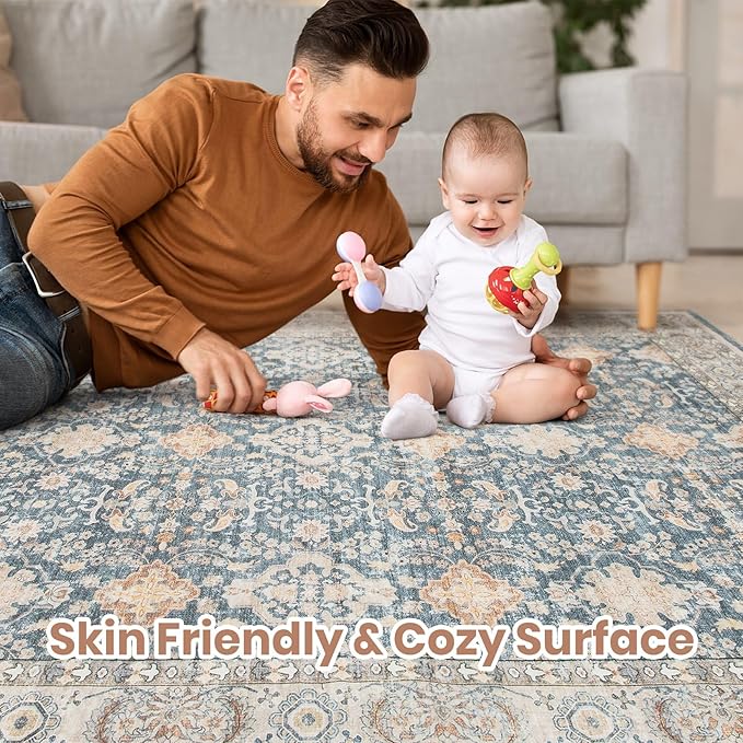 Vintage Living Room Area Rug 5x8 - Large Soft Washable Oriental Traditional Distressed Farmhouse Rugs for Bedroom - Indoor Floor Accent Carpet for Home Office House Decor - Dark Blue