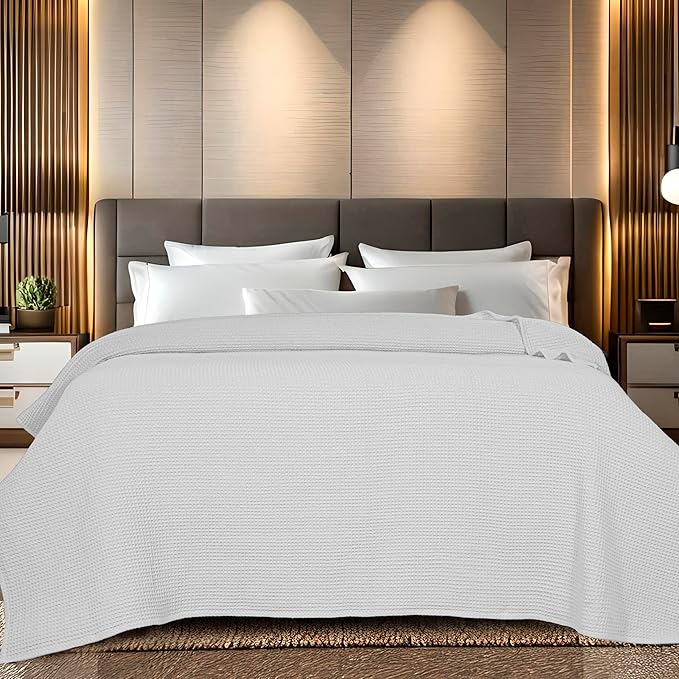 Bed & Bath Home Premium 100% Cotton Waffle Weave Blanket Twin Size – Soft Breathable Lightweight Comfort, Natural All-Season Bed Blanket, Easy-Care Bedspread for Bed & Couch (White)