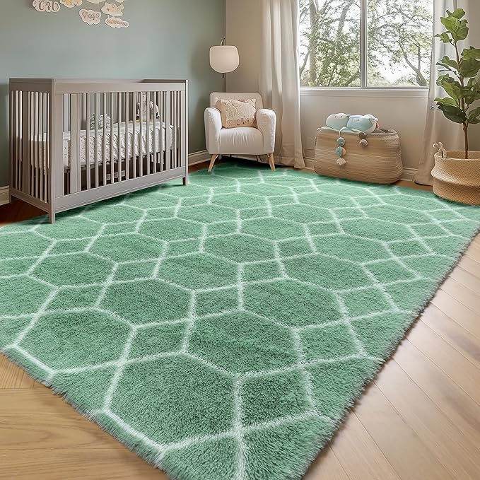 ONASAR Area Rugs for Bedroom Living Room, 4x6 Fluffy Sage Green and White Throw Rug, Shaggy Geometric Floor Mat for Home Decor Aesthetic, Soft Plush Fuzzy Carpet for Nursery Kids Teen Dorm