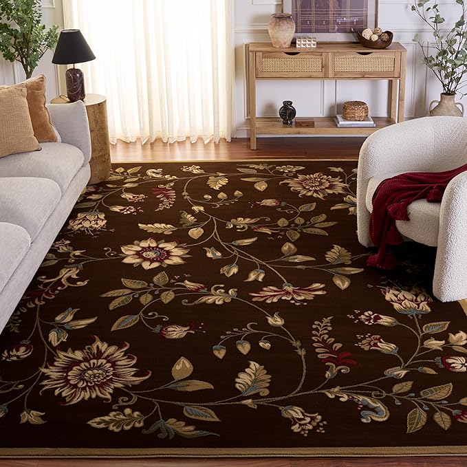 SAFAVIEH Lyndhurst Collection Area Rug - 8' x 11', Brown & Multi, Traditional Floral Design, Non-Shedding & Easy Care, Ideal for High Traffic Areas in Living Room, Bedroom (LNH552-2591)