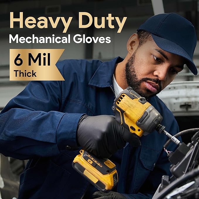 6 Mil Black Nitrile Gloves, Heavy Duty Mechanic and Food Grade Glove - Powder-Free, Latex-Free Medical Exam Gloves