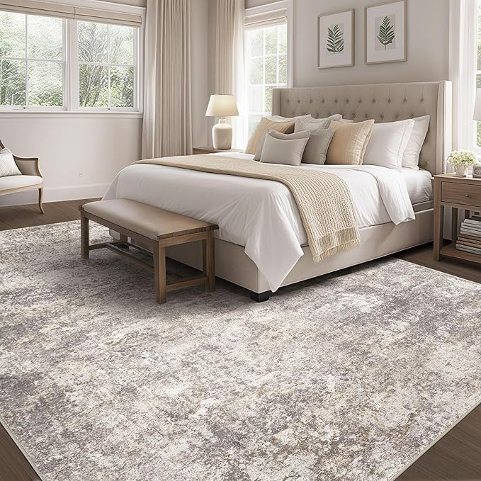 Area Rug Living Room Rugs - 10x14 Abstract Large Soft Indoor Washable Rug Neutral Modern Low Pile Carpet for Bedroom Dining Room Farmhouse Home Office - Brown