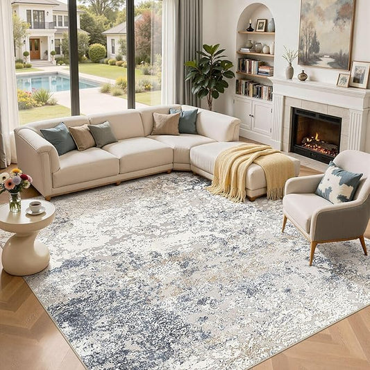 Square Area Rug Living Room Rugs - 12x12 Washable Large Soft Indoor Neutral Modern Abstract Low Pile Rug Carpet for Bedroom Dining Room Farmhouse Home Office - Beige Blue