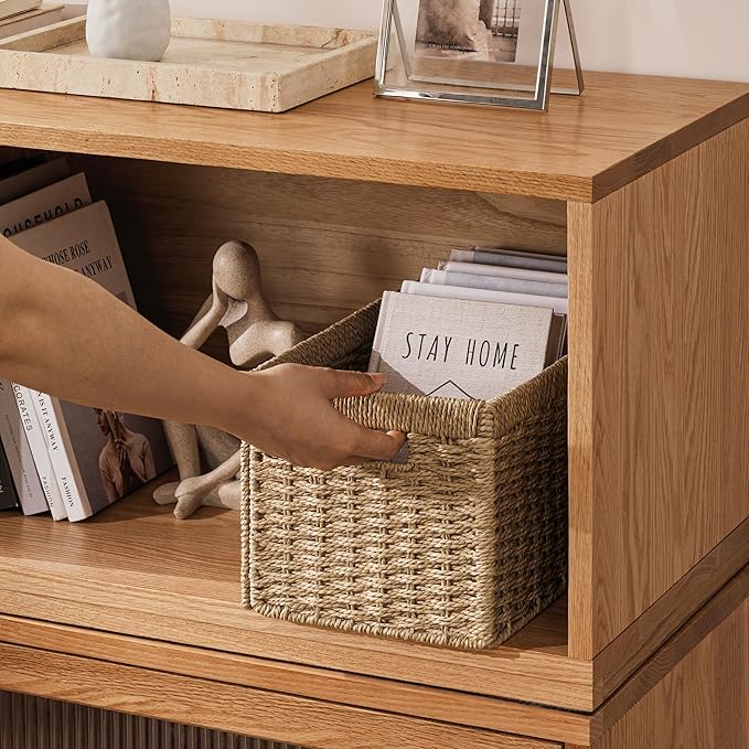 joybest Medium Wicker Baskets, Woven Paper Rope Storage Baskets for Organizing, Rectangular Storage Bins for Shelves with Handles for Pantry, 13.4L x 8.3W x 7.1H inch, 2-pack Natural