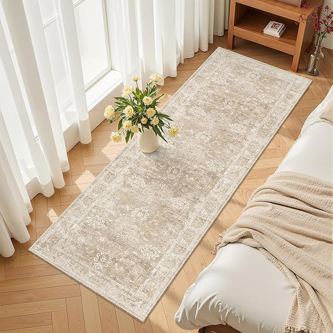 Madane 2x6 Runner Rug for Kitchen, Washable Vintage Hallway Rug with Non-Slip Rubber Backing, Soft Low Pile Throw Carpet Runner for Entryway Laundry Bathroom Bedroom Living Room (2 x 6, Beige/Brown)