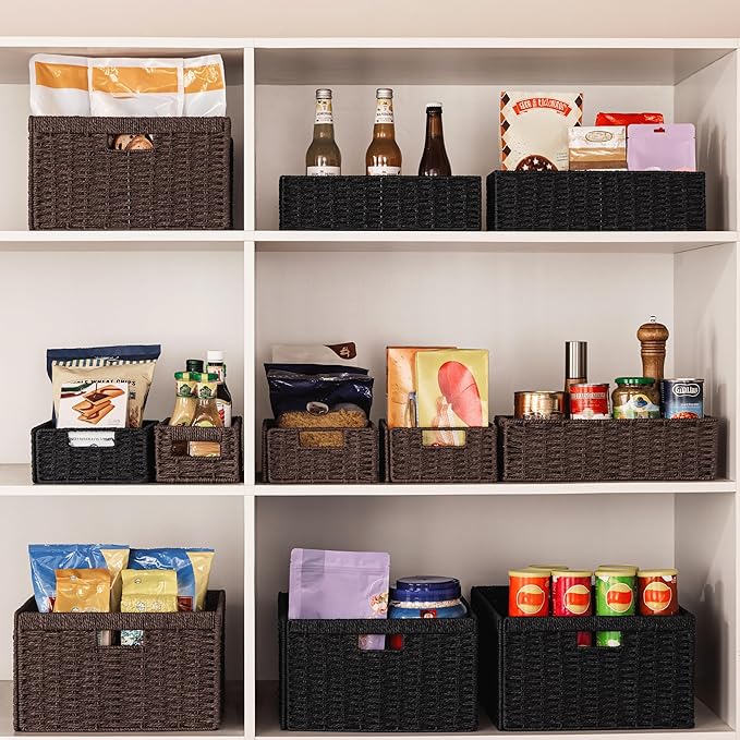 UBBCARE 4 Pack Wicker Basket, 13.4L×8.3H×7.1W inch Woven Paper Rope Storage Baskets for shelves, Foldable Rectangular Storage Baskets with Handle, Storage Basket for Organizing, Dark Brown