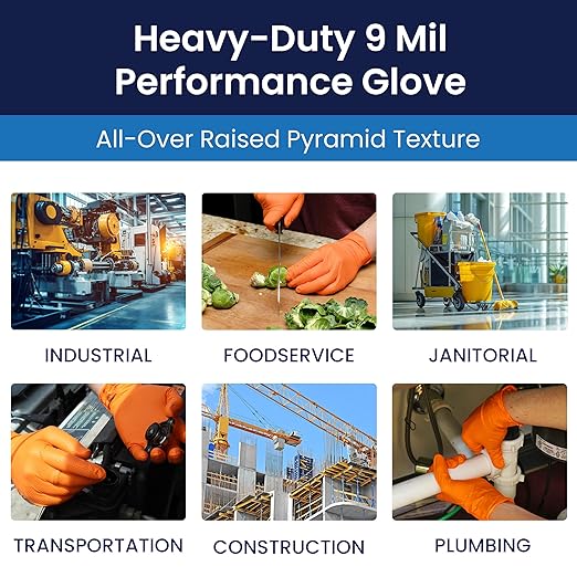 Adenna ProWorks CATCH Disposable Nitrile Gloves – 9 Mil, Heavy Duty Work Rubber Glove with Raised Pyramid Grip, Non–Latex & Powder Free, Case of 900, X–Large, Orange