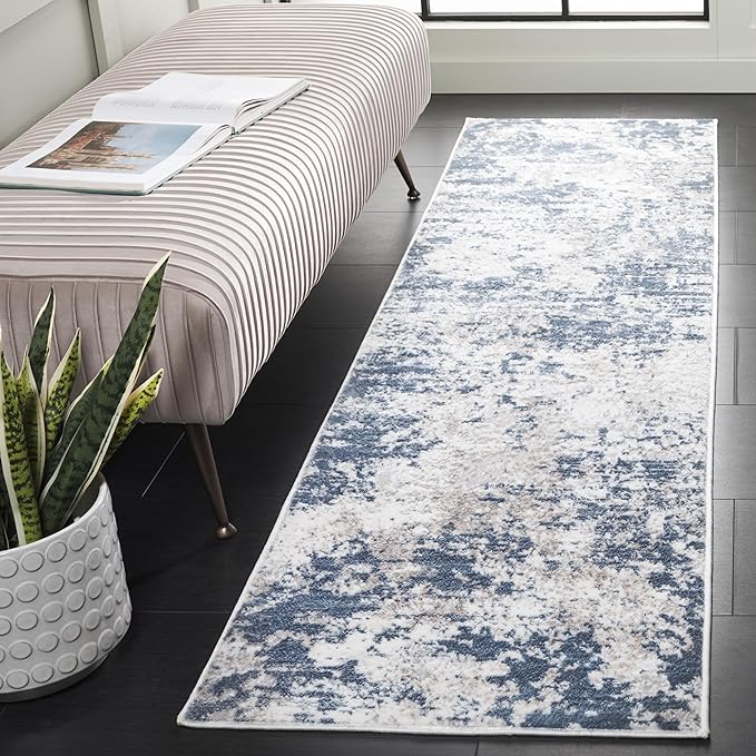 SAFAVIEH Amelia Collection Runner - 2'2" x 8', Dark Blue & Grey, Modern Abstract Design, Non-Shedding & Easy Care, Ideal for The Living Room, Dining, Bedroom (ALA705M)