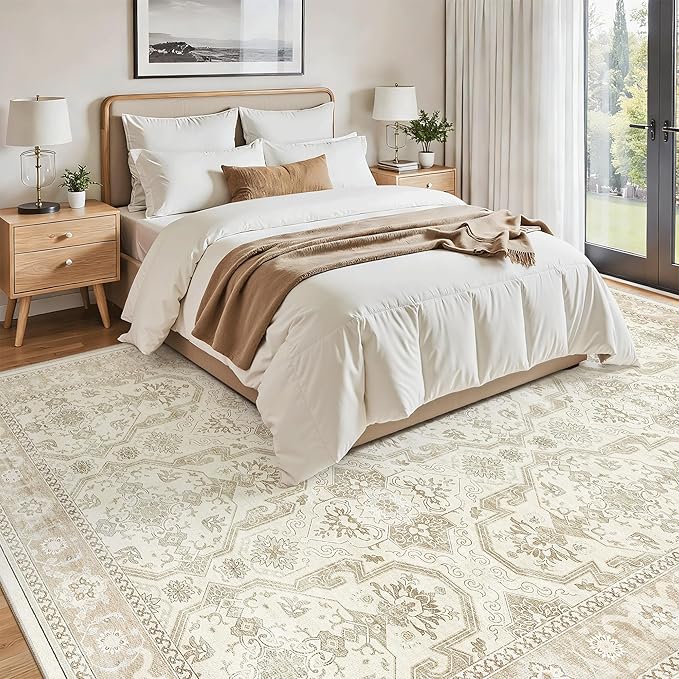 8x10 Area Rugs, Washable Rugs, Large Stain Resistant Beige Area Rug for Living Room Bedroom Dining Room, Vintage Farmhouse Rug