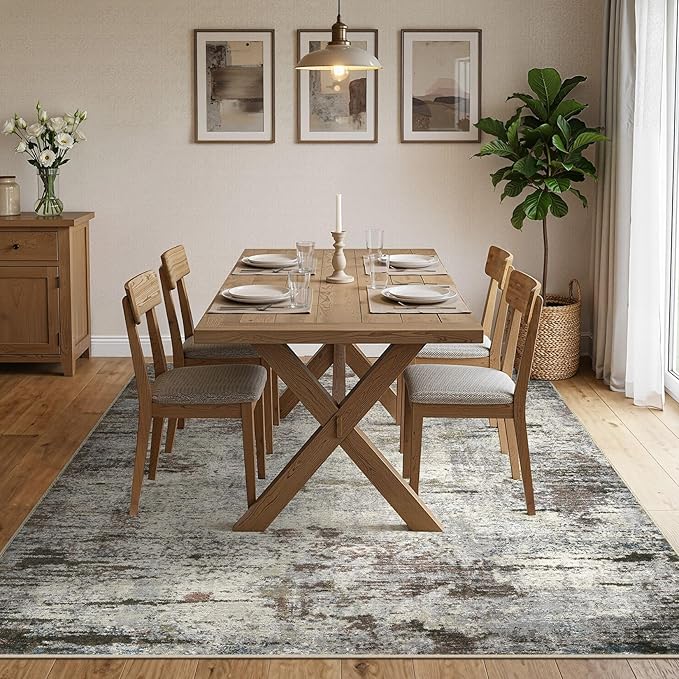 Area Rug Living Room Rugs - 8x10 Washable Large Soft Indoor Neutral Modern Abstract Low Pile Rug Carpet for Bedroom Dining Room Farmhouse Home Office - Brown Rust