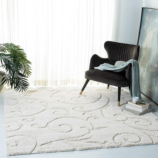 SAFAVIEH Florida Shag Collection Area Rug - 11' Square, Cream & Cream, Scroll Design, Non-Shedding & Easy to Clean, High-Low Plush Pile, Ideal for Living Room, Bedroom, Dining Space (SG455-1111)
