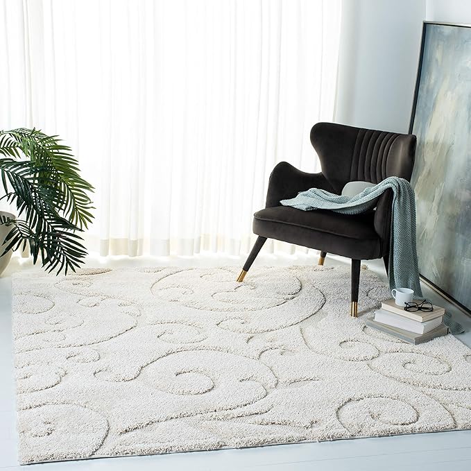 SAFAVIEH Florida Shag Collection Area Rug - 5' Square, Cream & Cream, Scroll Design, Non-Shedding & Easy to Clean, High-Low Plush Pile, Ideal for Living Room, Bedroom, Dining Space (SG455-1111)