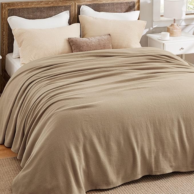 Bedsure GentleSoft 100% Cotton Blanket King Size for Bed - Breathable and Lightweight, Soft Cozy Textured Herringbone Woven Blanket for Summer, Light Brown, 108x90 inches