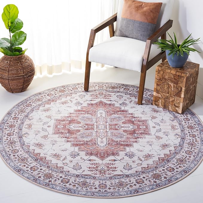 SAFAVIEH Washable Rug Tucson Collection - 6' Round, Ivory & Rust, Slip Resistant & Easy to Clean, Ideal for Living Room, Bedroom, Dining Space (TSN109A)