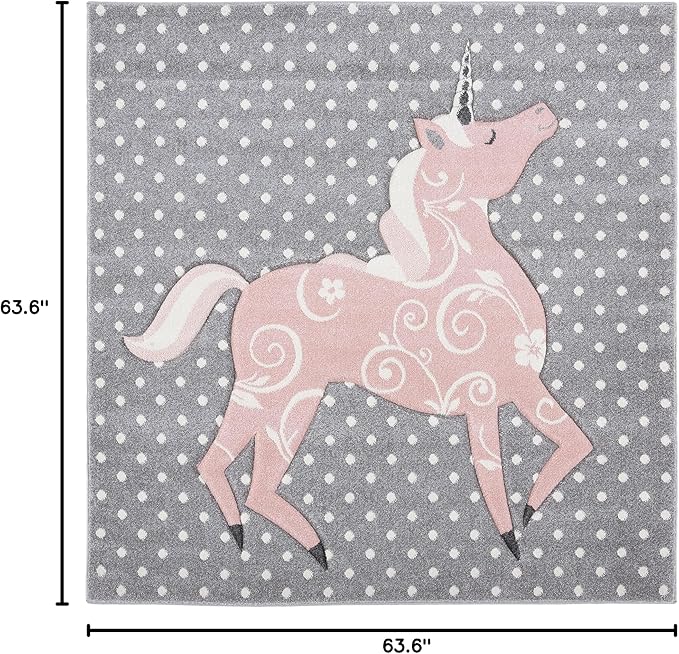 Carousel Kids Collection Area Rug - 5'3" Square, Grey & Ivory & Pink, Non-Shedding & Easy Care, Ideal for High Traffic Areas for Boys & Girls in Playroom, Nursery, Bedroom (CRK163G)