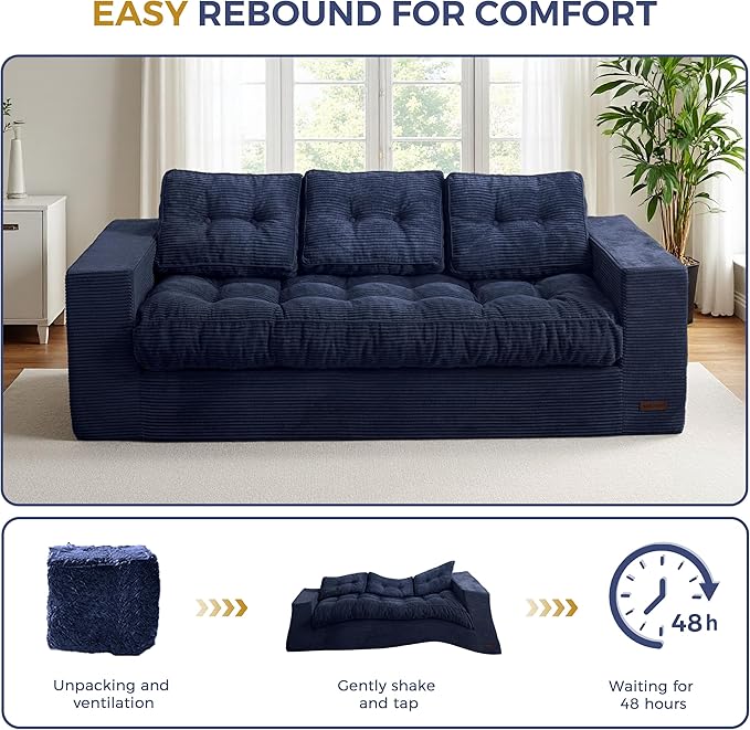 MAXYOYO Oversized Loveseat Sofa Couch, Upholstered Bean Bag Chair Cloud 3-Seat for Adults, Boneless Couch with Tufted Cushion & Pillows, Sofa in A Box, No Assembly Required, Navy