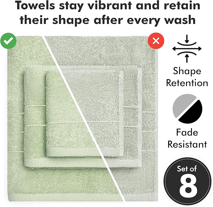Bath Towels Set of 8 – 100% Cotton (Light Green) Bathroom Towel Set Bale Includes 2 Bath, 2 Hand, 4 Face Towels – Soft, Absorbent & Quick Dry Towel for Bathroom, Spa, Kitchen, Hotel Use