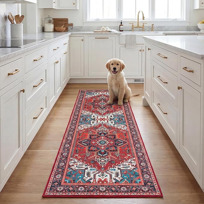 SAFAVIEH Washable Rug Tucson Collection - 2'6' x 8' Runner, Red & Blue, Slip Resistant & Easy to Clean, Ideal for Hallway, Foyer, Entryway, Bedroom (TSN101Q)