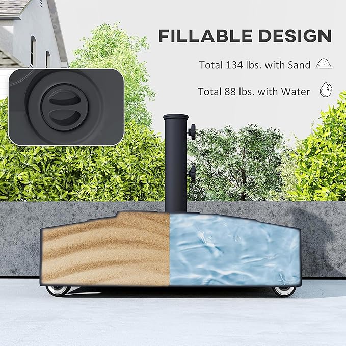 Outsunny Outdoor Umbrella Stand Base with Wheels, Heavy Duty Patio Umbrella Base Holder, Filled Up to 134 lbs with Stand or 88 lbs with Water for 1.38", 1.5", 1.89" Poles for Garden, Poolside, Black