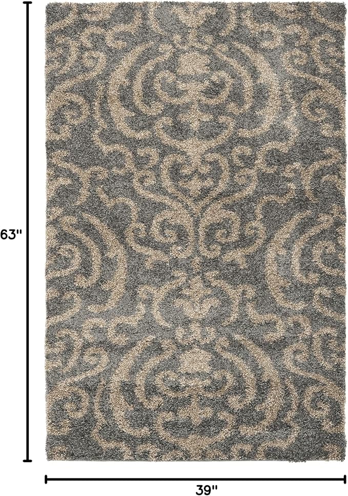 SAFAVIEH Florida Shag Collection Accent Rug - 3'3" x 5'3", Grey & Beige, Damask, Non-Shedding & Easy Care, 1.2-inch Thick Ideal for High Traffic Areas in Foyer, Living Room, Bedroom (SG462-8013)