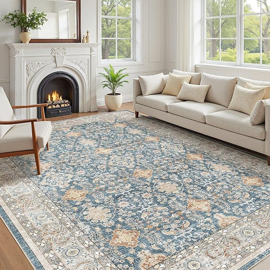 Vintage Living Room Area Rug 10x12 - Large Soft Washable Oriental Traditional Distressed Farmhouse Rugs for Bedroom - Indoor Floor Accent Carpet for Home Office House Decor - Dark Blue