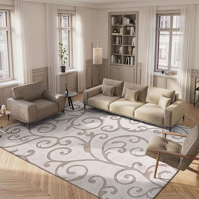SAFAVIEH Florida Shag Collection Area Rug - 8' x 10', Ivory & Beige, Scroll Design, Non-Shedding & Easy to Clean, High-Low Plush Pile, Ideal for Living Room, Bedroom, Dining Space (SG455-13LT)
