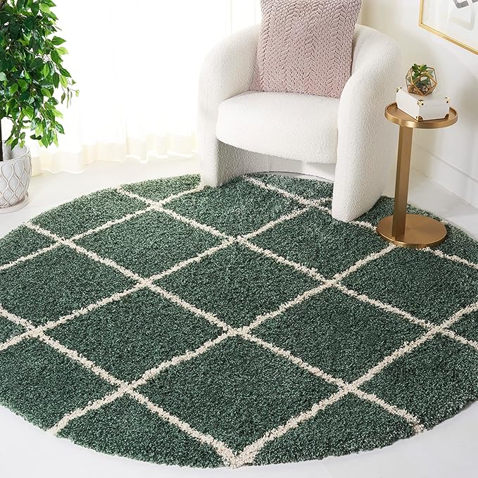 SAFAVIEH Hudson Shag Collection Area Rug - 7' Round, Green & Ivory, Modern Trellis Design, Non-Shedding & Easy Care, 2-inch Thick Ideal for High Traffic Areas in Living Room, Bedroom (SGH281Y)