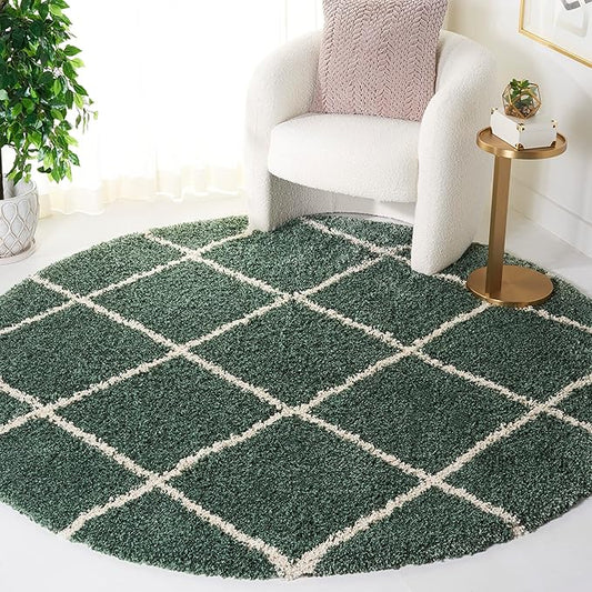 SAFAVIEH Hudson Shag Collection Area Rug - 7' Round, Green & Ivory, Modern Trellis Design, Non-Shedding & Easy Care, 2-inch Thick Ideal for High Traffic Areas in Living Room, Bedroom (SGH281Y)