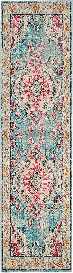 SAFAVIEH Monaco Collection Runner Rug - 2'2" x 16', Light Blue & Fuchsia, Non-Shedding & Easy to Clean, Distressed Medallion Design, Ideal for Hallway, Foyer, Entryway, Kitchen, Bedroom (MNC243J)