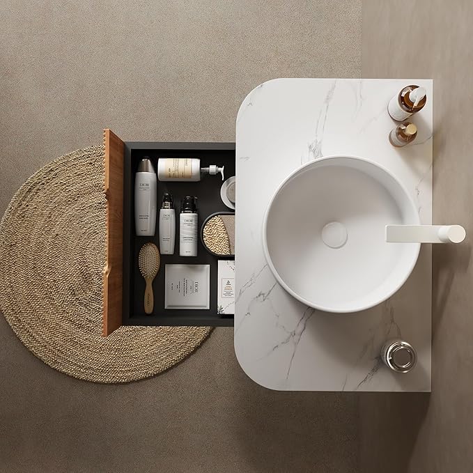 KEIKI 30" Bathroom Vanity Cabinet with Sink Combo, Wall Mounted Curved Edges Striped Floating Bathroom Vanity with Soft-Close Drawer, White Round Ceramic Basin Without Faucet, Natural Wood