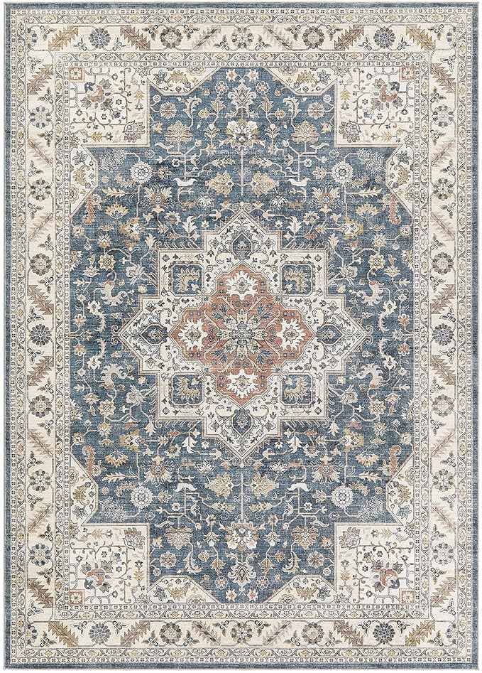 Vintage Living Room Area Rug 10x14 - Large Soft Washable Oriental Traditional Distressed Farmhouse Rugs for Bedroom - Indoor Floor Accent Carpet for Home Office House Decor - Vintage Blue