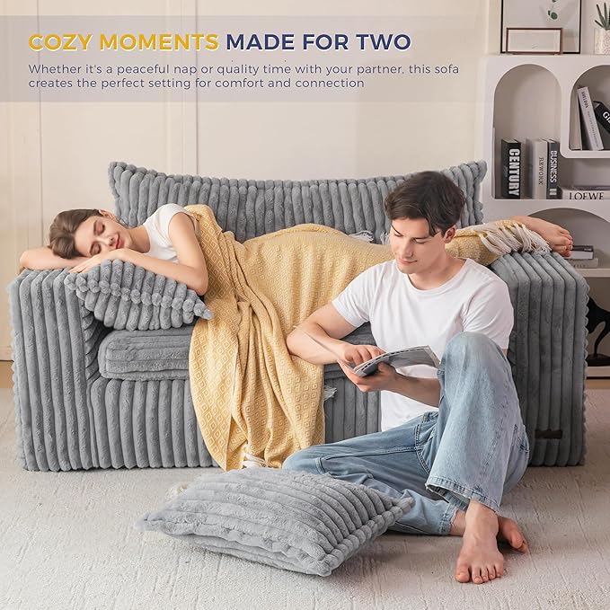 MAXYOYO 59" Bean Bag Sofa Couch, Loveseat Boneless Couch in a Box, Upholstered Small Mini Sofa with Deep Seating for Living Room Bedroom Office Apartment, No Assembly, Dark Grey