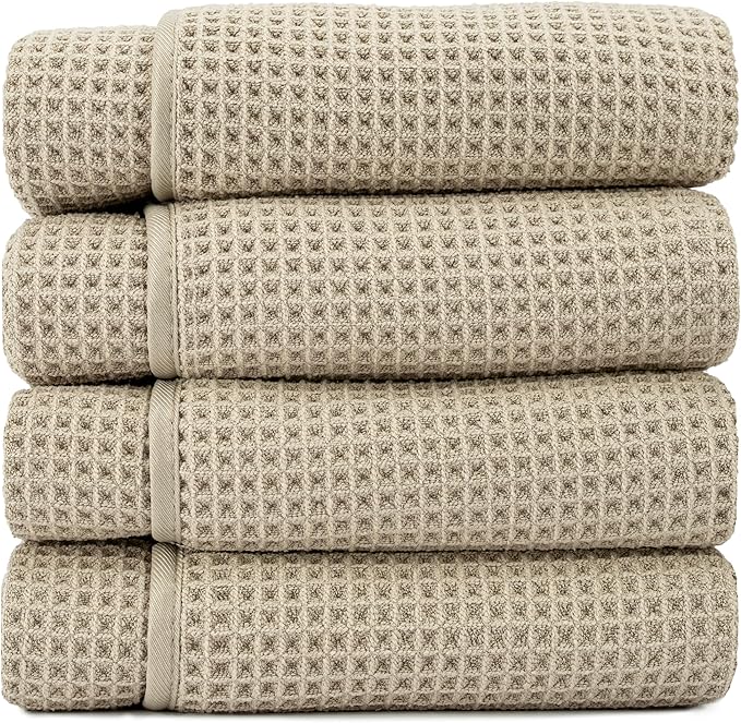 S&T INC. Aura Microfiber Waffle Bath Towels, 4 Pack, Quick-Dry, Ultra Absorbent, Lightweight Towels for Bathroom, Gym, Travel and Beach, 30 inches x 60 inches, 420GSM, Beige