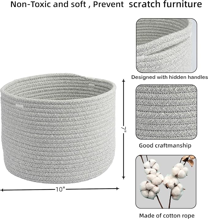 Woven Cotton Storage Baskets - 3-Pack Round Bins (10x10x7'') for Shelves, Closets & Bookcases | Durable Rope Organizers for Nursery, Baby, Toys, Easter & More (grey)