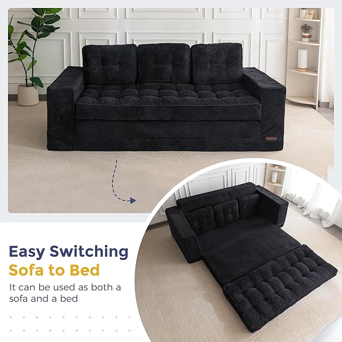 MAXYOYO Convertible Sofa Bed, Pull Out Oversized Loveseat Sleeper Sofa, Fold Out Floor Couch with Pillows for Living Room Bedroom Lounge, Black