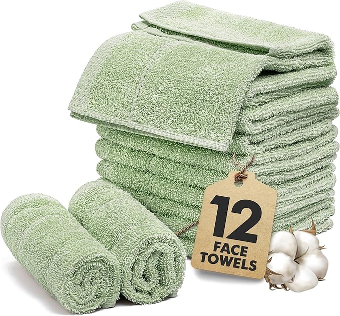 Face Towels Pack of 12 – 100% Cotton Wash Cloths (12x12 inch) – Soft, Quick Dry & Highly Absorbent Hand Towels for Bathroom, Spa, Gym, Kitchen and for Daily Use - (Light Green)